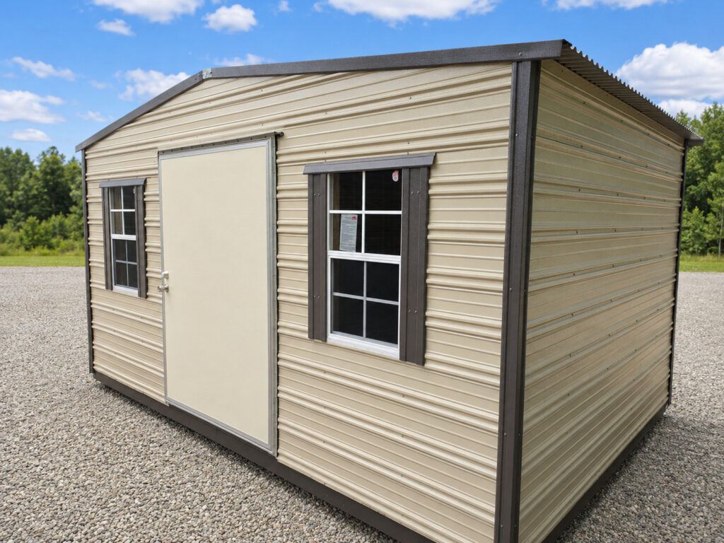 10X16 Shed with Beige siding and Burnished Slate trim and a Standard roof