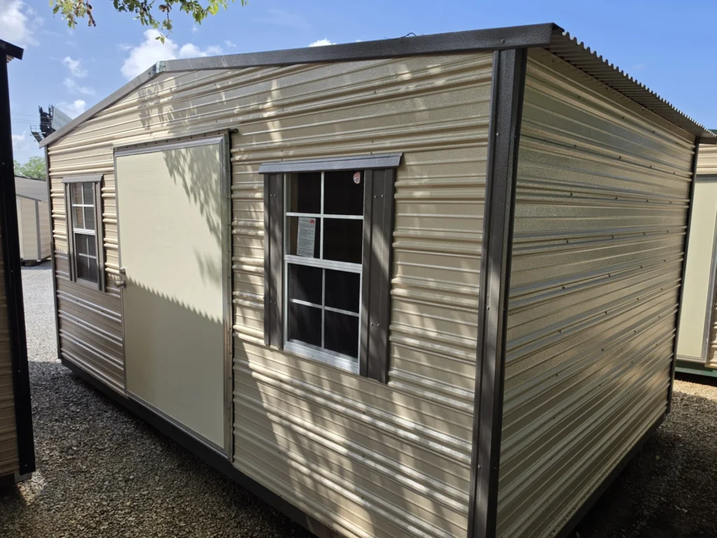 10X16 Shed with Beige siding and Burnished Slate trim and a Standard roof