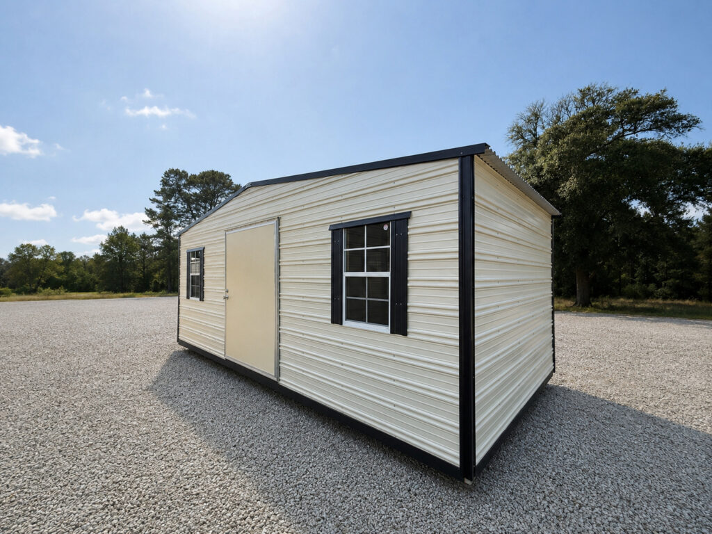 10X20 Shed with Colonial White siding and Black trim and a Standard roof