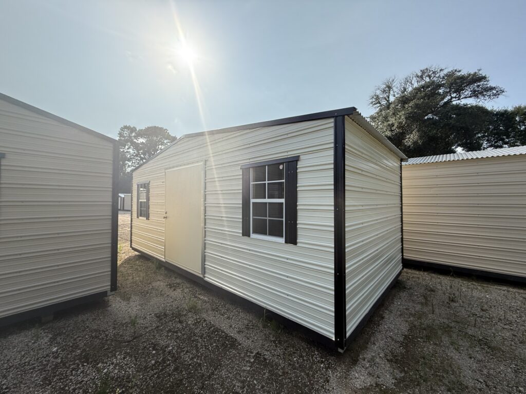10X20 Shed with Colonial White siding and Black trim and a Standard roof