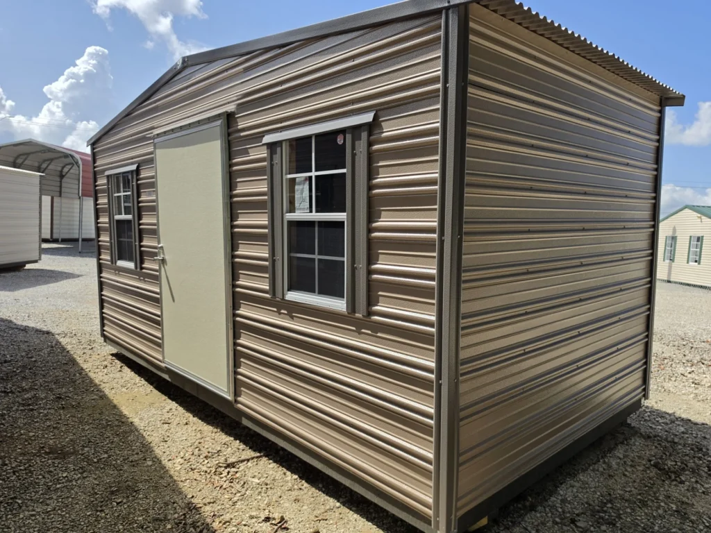 8X16 Shed with Oak siding and Burnished Slate trim and a Standard roof