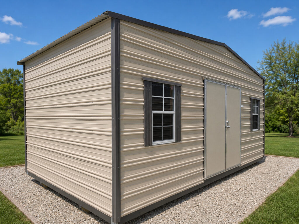 12X20 Shed with Beige siding and Burnished Slate trim and a Standard roof