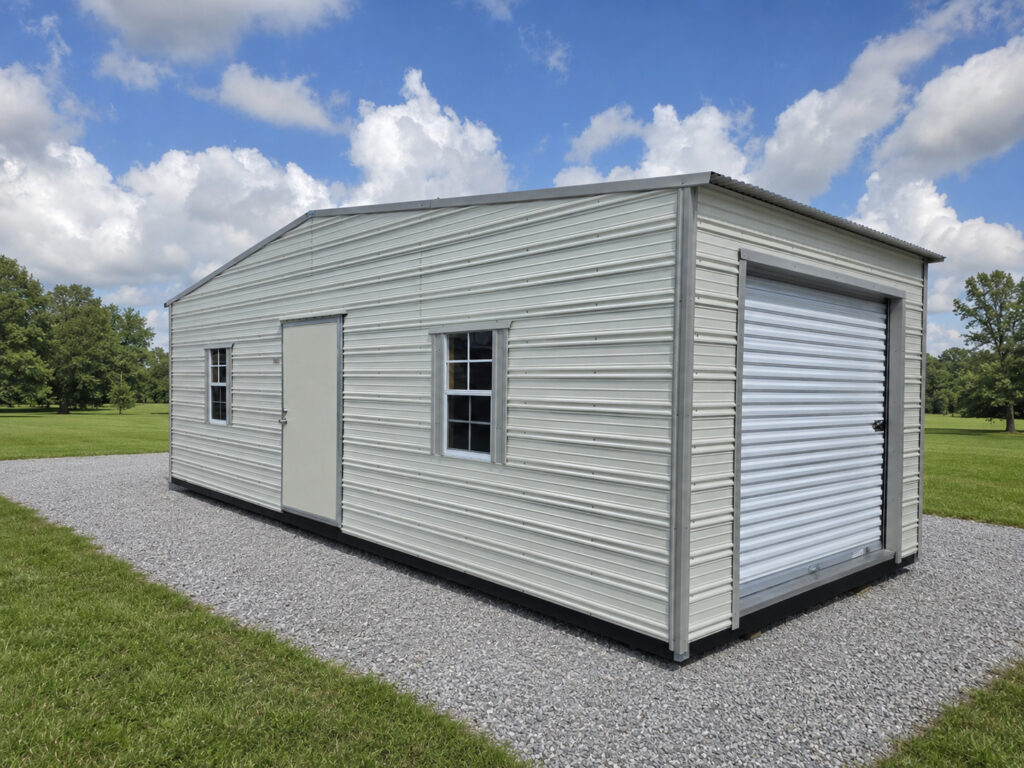 12X28 Shed with Colonial White siding and Ash Grey trim and a Standard roof