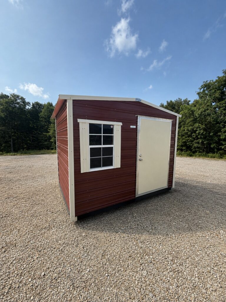 8X10 Shed with Rustic Red siding and Colonial White trim and a Standard roof