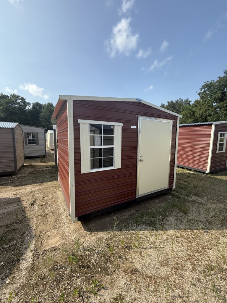 8X10 Shed with Rustic Red siding and Colonial White trim and a Standard roof