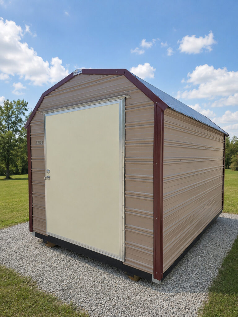 8X12 Shed with Oak siding and Rustic Red trim and a Barn roof