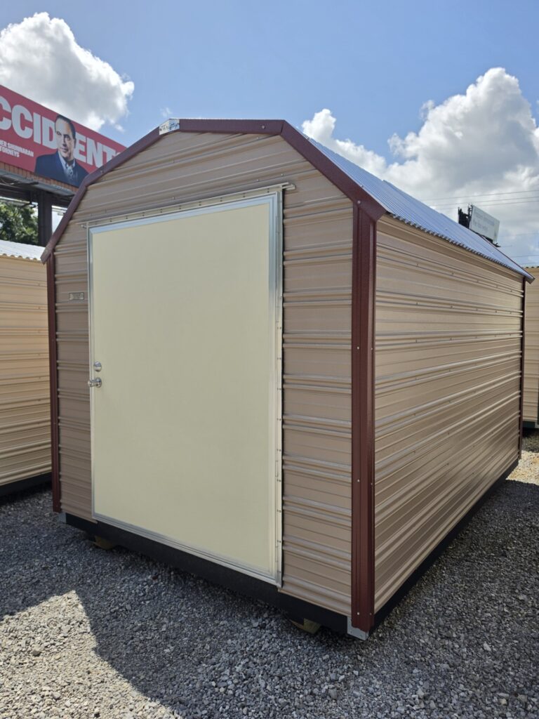 8X12 Shed with Oak siding and Rustic Red trim and a Barn roof