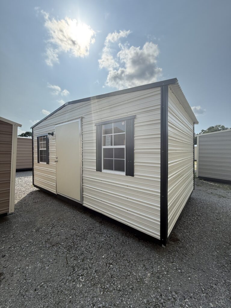 10X16 Workshop with Colonial White siding and Black trim and a Standard roof