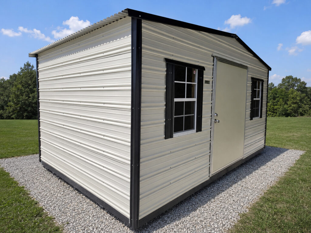 10X16 Shed with Colonial White siding and Black trim and a Standard roof