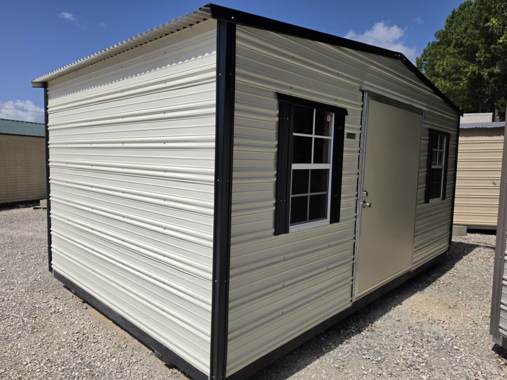 10X16 Shed with Colonial White siding and Black trim and a Standard roof