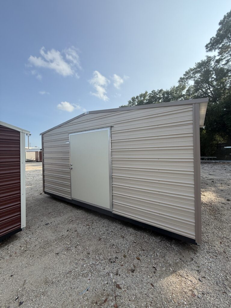 8X16 Shed with Beige siding and Oak trim and a Standard roof