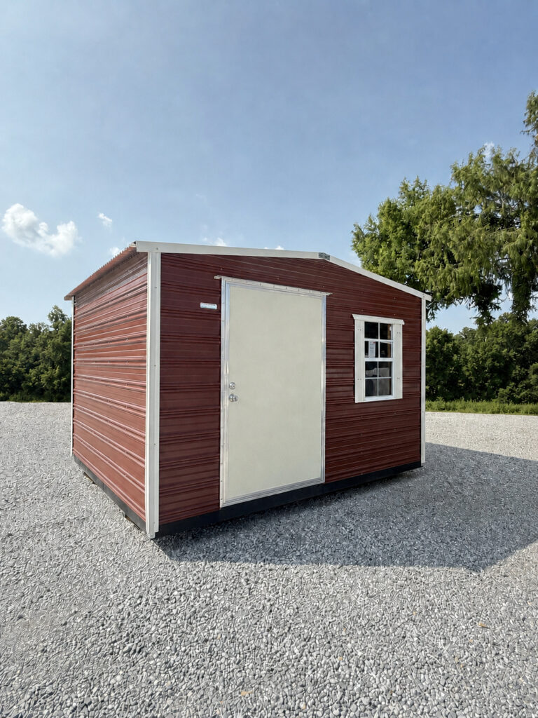 10X12 Shed with Rustic Red siding and Colonial White trim and a Standard roof