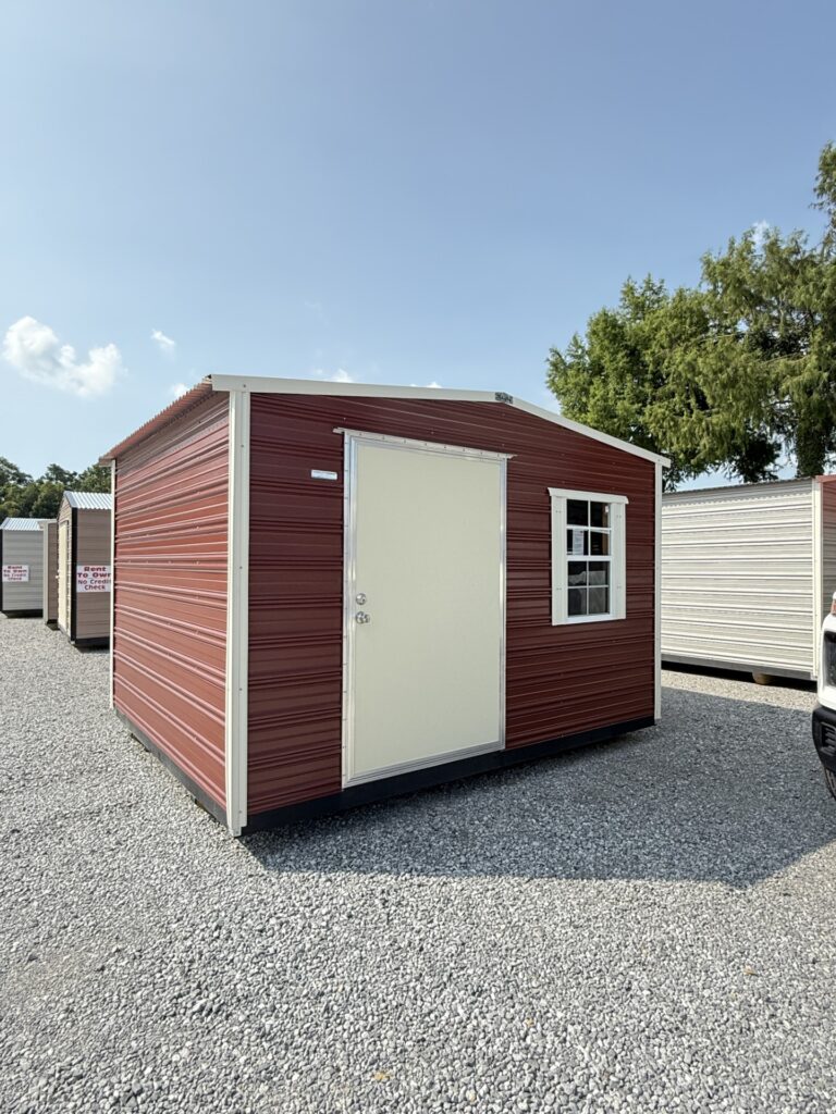 10X12 Shed with Rustic Red siding and Colonial White trim and a Standard roof