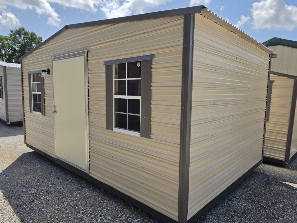 10X16 Workshop with Beige siding and Burnished Slate trim and a Standard roof