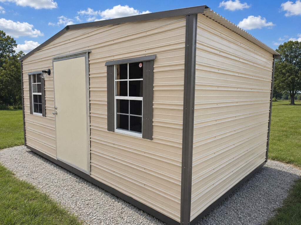 10X16 Workshop with Beige siding and Burnished Slate trim and a Standard roof