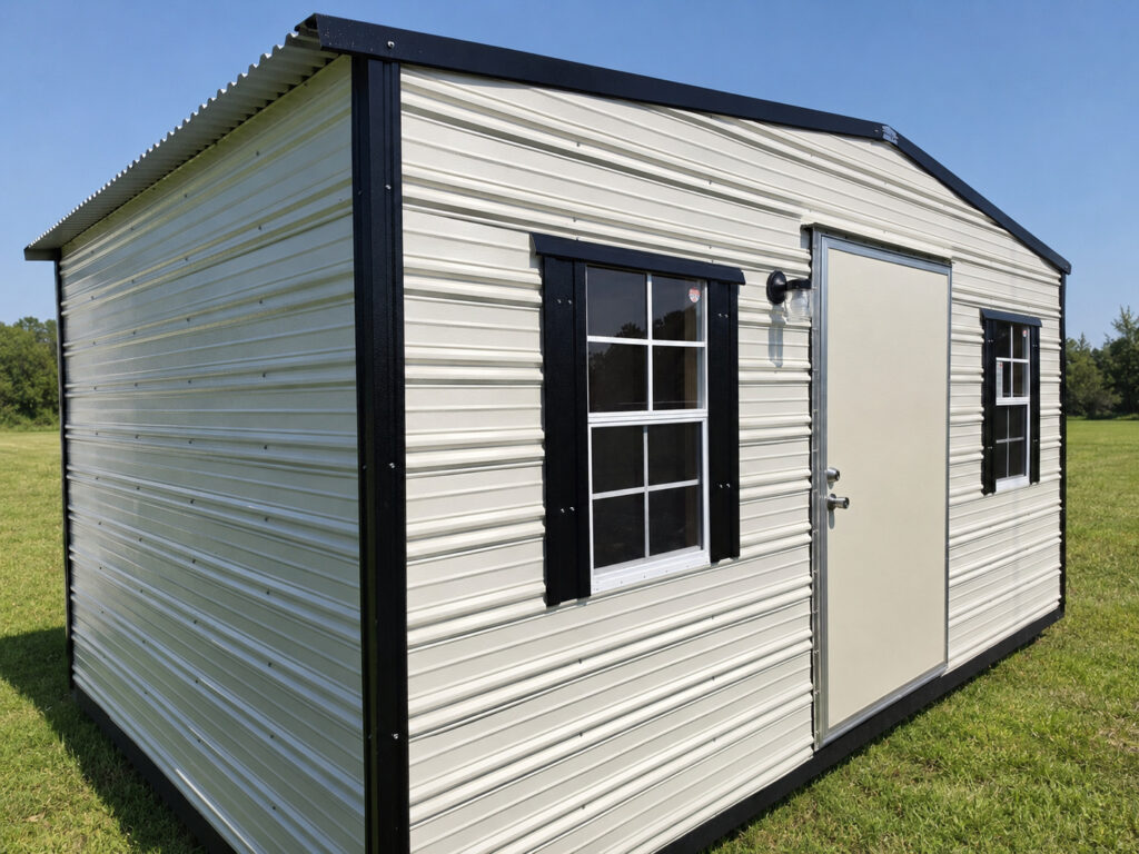 10X16 Workshop with Colonial White siding and Black trim and a Standard roof