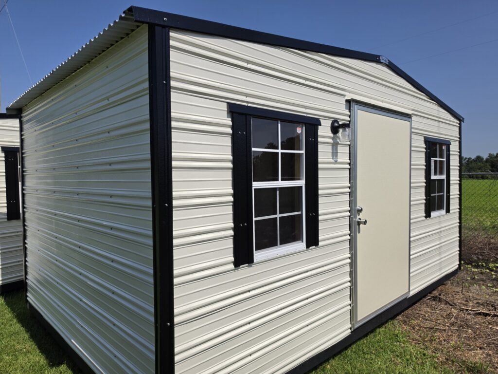 10X16 Workshop with Colonial White siding and Black trim and a Standard roof