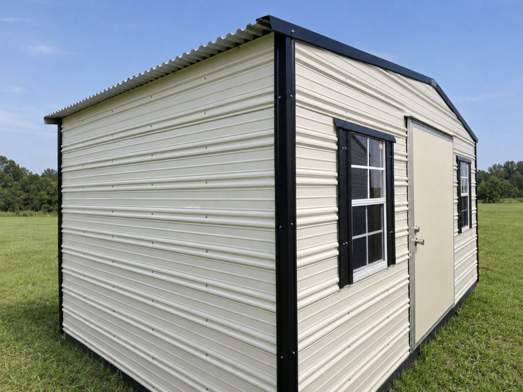 10X16 Shed with Colonial White siding and Black trim and a Standard roof