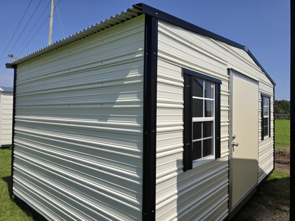 10X12 Shed with Colonial White siding and Black trim and a Standard roof
