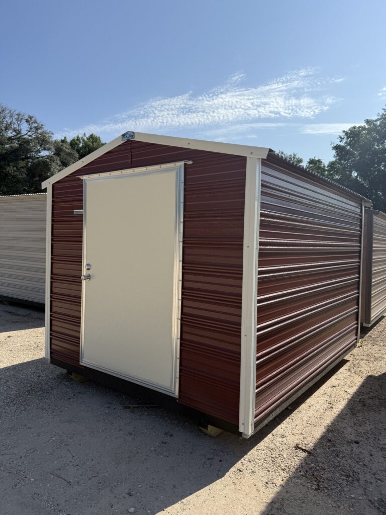 8X10 Shed with Rustic Red siding and Colonial White trim and a Gable roof