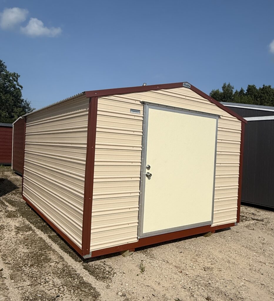 10X12 Shed with Beige siding and Rustic Red trim and a Gable roof