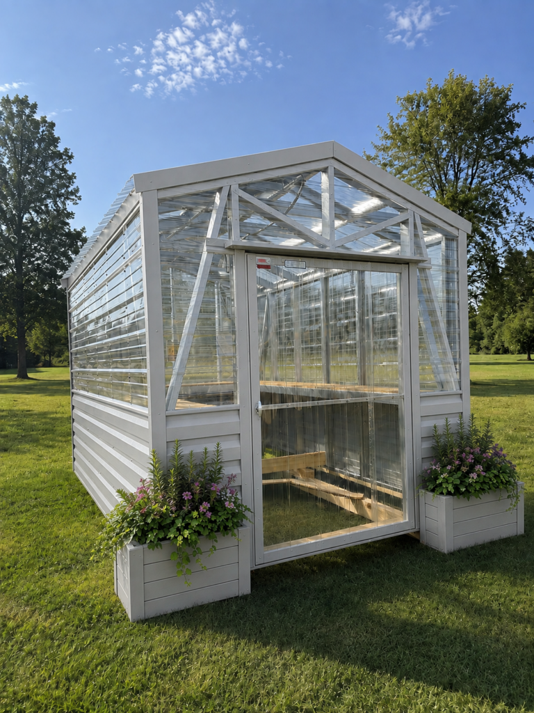 White greenhouse in a green field with flower boxes at the entrance