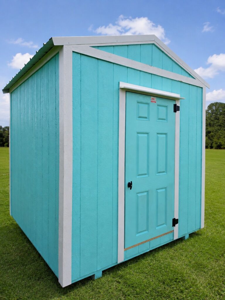 8X8 Shed with TANATLIZING TEAL siding and WHITE trim and a FLORIDIAN roof