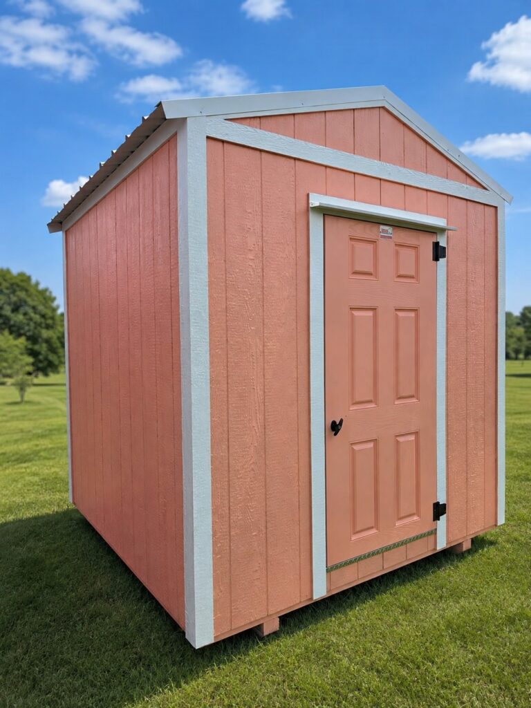 8X8 Shed with STONE FRUIT siding and WHITE trim and a Floridian roof