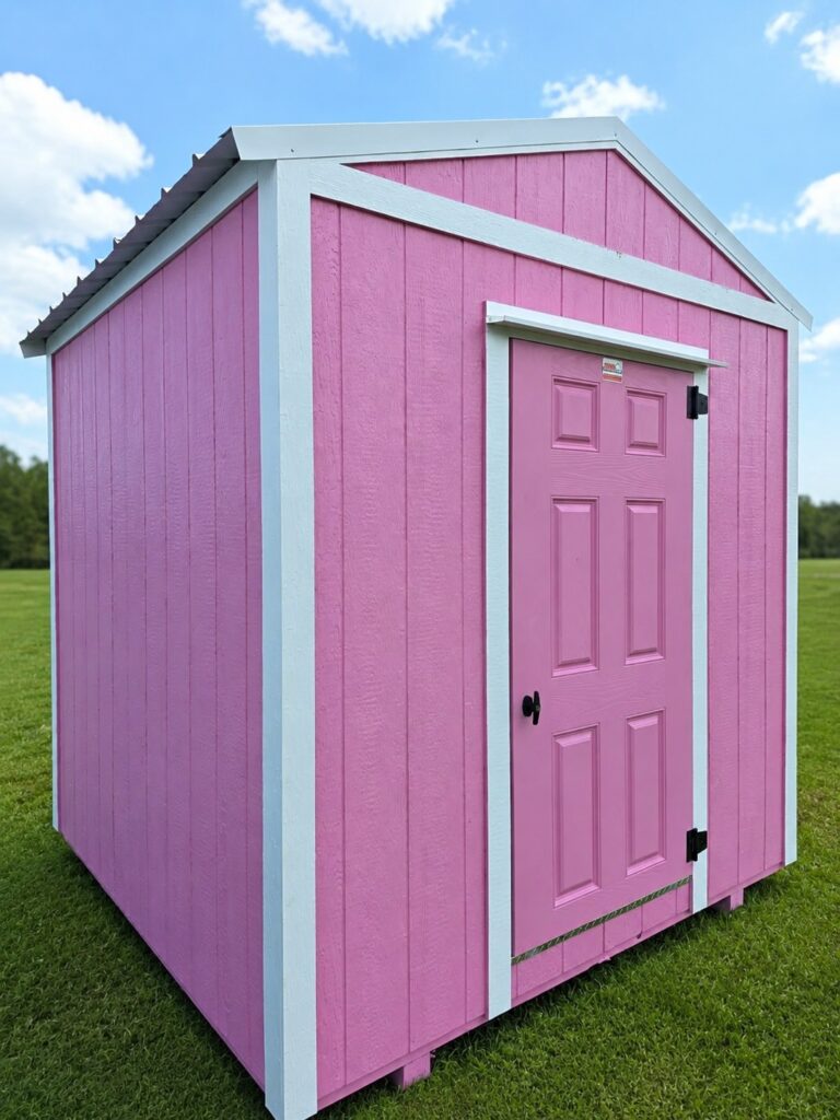 8X8 Shed with HAUTE PINK siding and WHITE trim and a Floridian roof