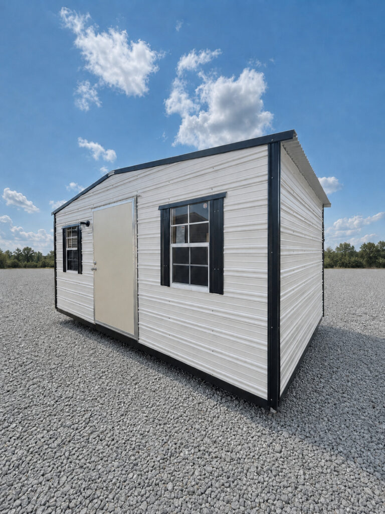10X16 Workshop with Colonial White siding and Black trim and a Standard roof